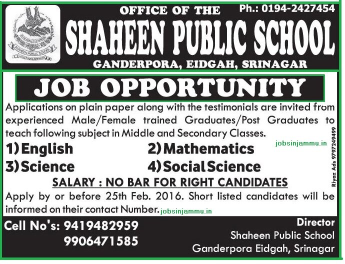 Shaheen public school, Srinagar new teacher vacancy 2016, Shaheen public school, Srinagar, Privatejobsinsrinagar, Shaheen public school new teacher vacancy 2016 