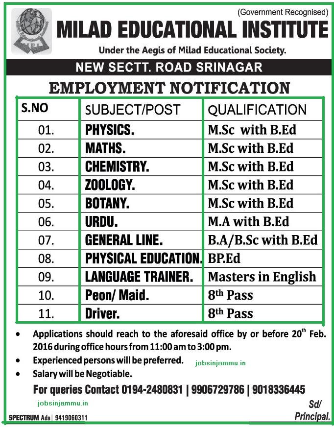 jobs in srinagar, j&k, Jobs for 8th pass/ M.A/ B.A/ B.ed/ B.Sc/ BP.ED in Milad educational institute, Srinagar 