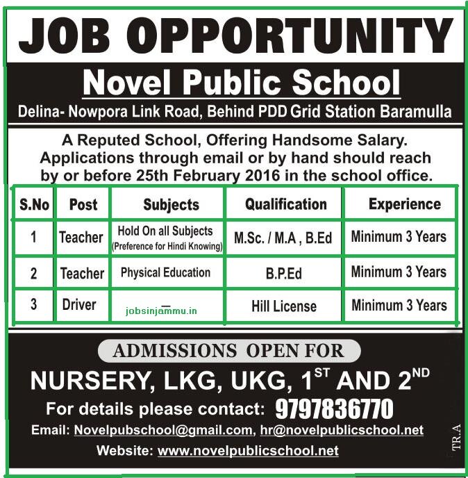 Teacher or Driver Job Opportunity Novel Public School , Delina-Nowpora link road, Behind PDD Grid Station, Baramulla jammu