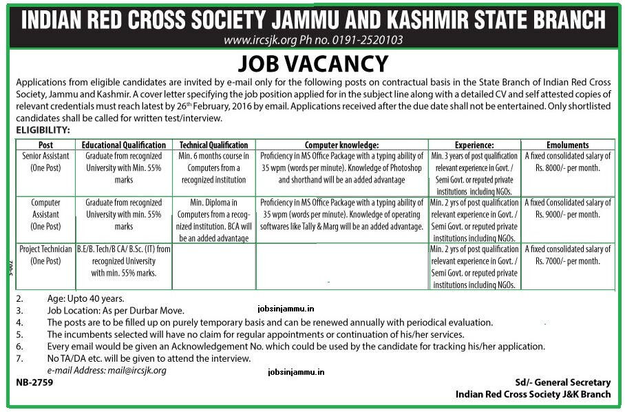 Indian red cross Society Recruitment 2016-2017, GOVERNMENT JOBS, private jobs in jammu