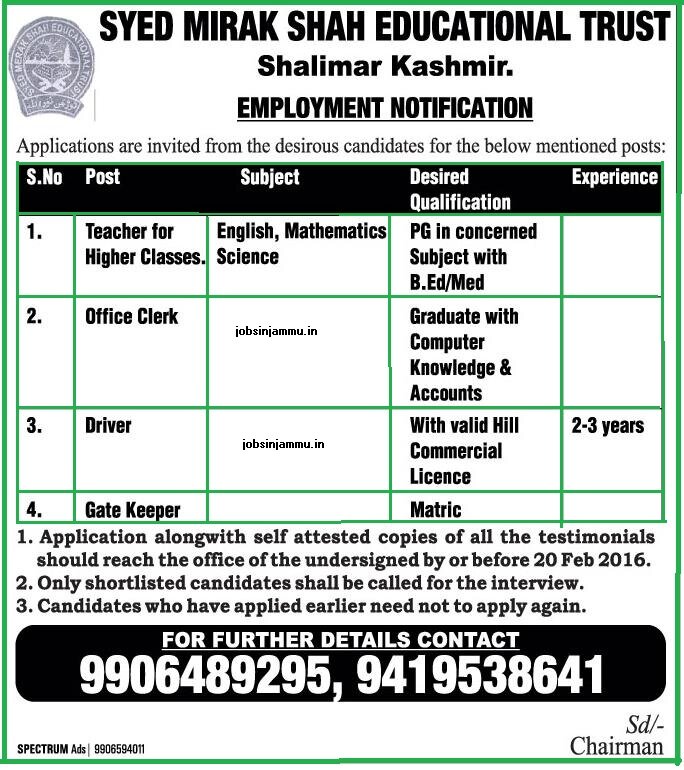 Syed Mirak Shah Educational Trust, shalimar Kashmir Employment Notification 2016 
